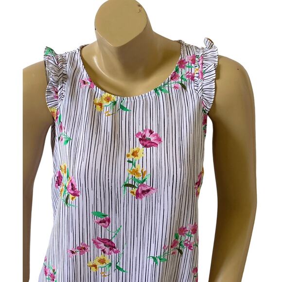 ELLE Womens Size XS Sleeveless Ruffled Striped Floral Print Tank Top Shirt - Picture 5 of 7